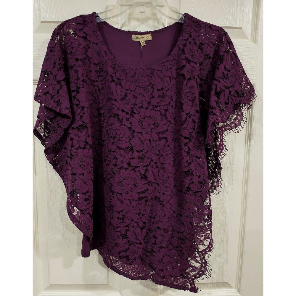 Democracy Womens XS Aubergine Purple Lace Asymmetrical Poncho Top with Tank NWT